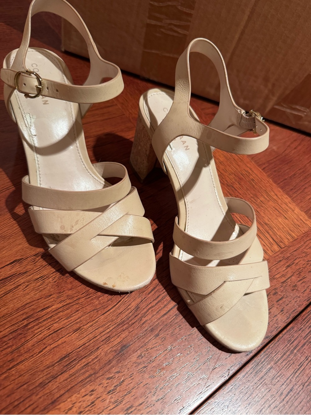Cole Haan Neutral Beige Strappy Block Heel Sandals